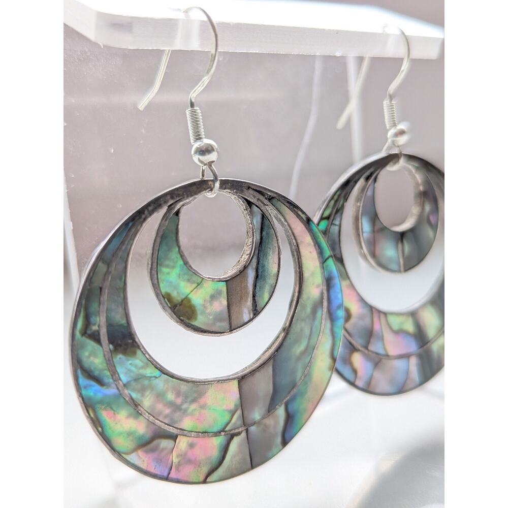 Vintage Mexico Abalone Inlay Sterling Silver Dangle Earrings Boho Ethnic Tribal